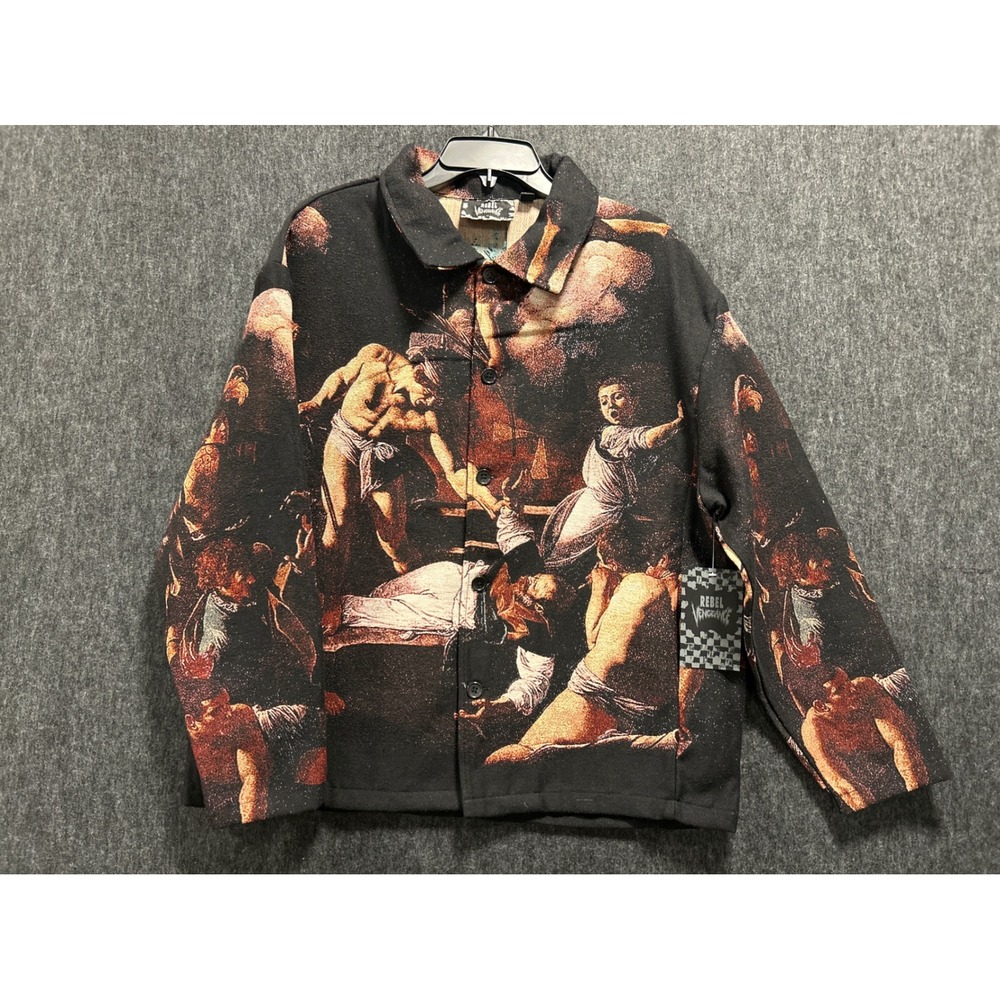 Rebel Vengeance Tapestry Jacket Mens Medium Black NEW Saint Rhinestone Art